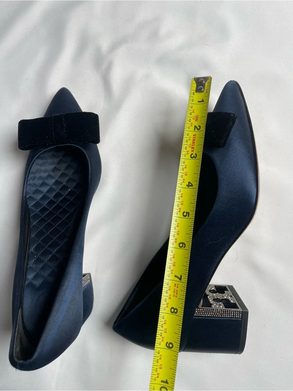 Tory Burch Navy Satin Pointed Flats with Black Velvet Bow